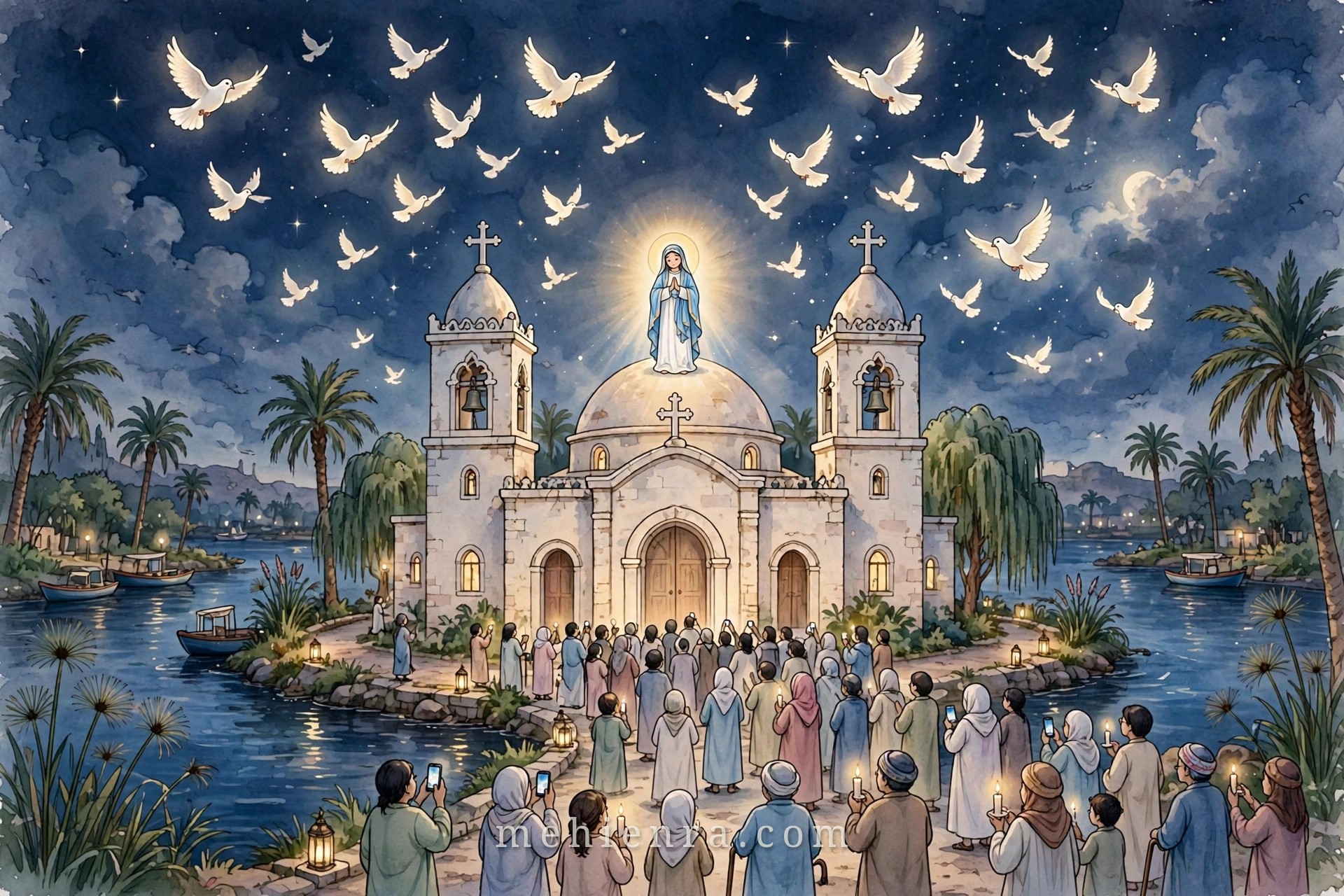 Hiện ra trên vòm Nhà thờ Đức Mẹ và Tổng lãnh thiên thần Micae tại Warraq al-Hadar, Giza — tranh minh hoạ